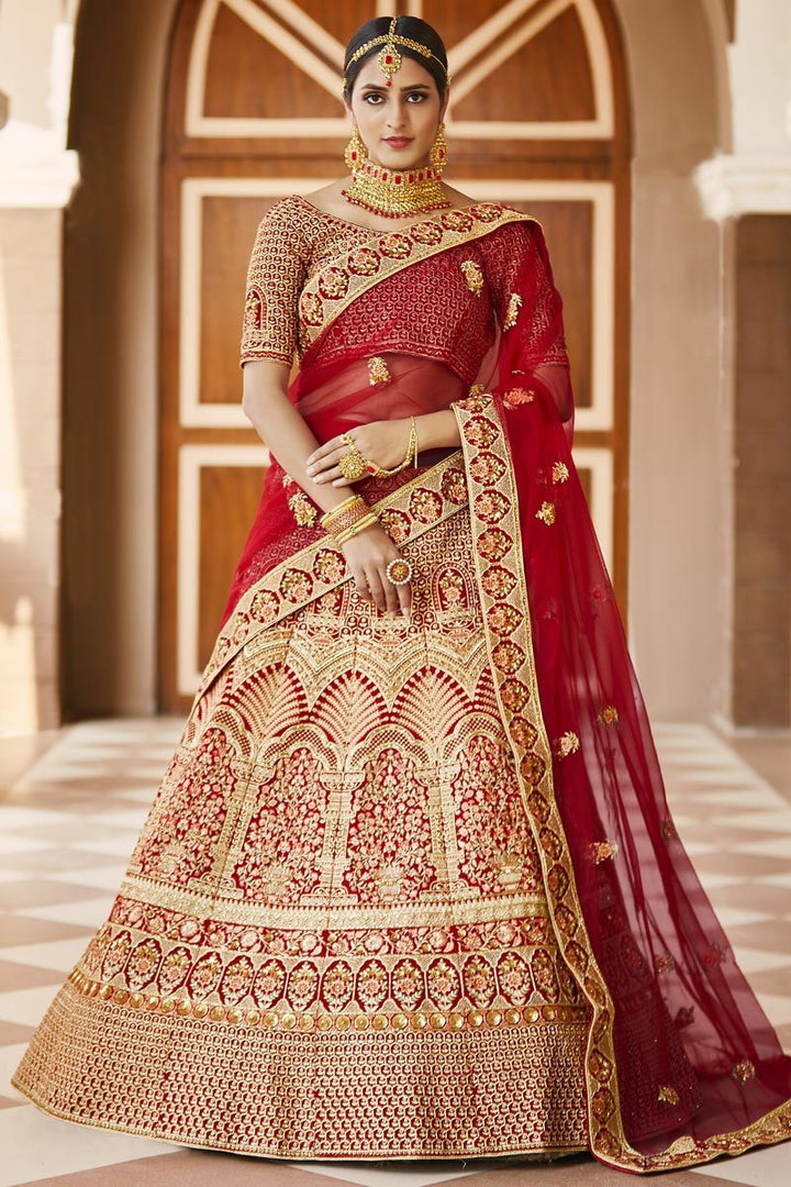 Wedding Wear Red Color Embroidered Lehenga In Velvet Fabric