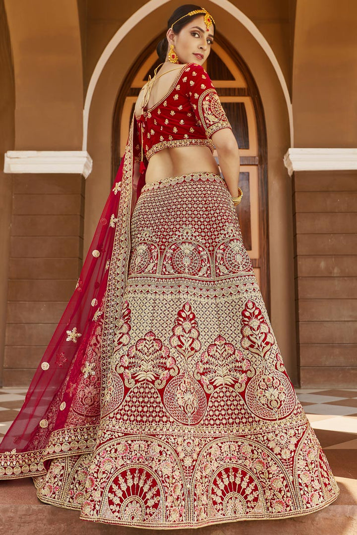 Velvet Fabric Wedding Wear Red Color Embroidered Lehenga