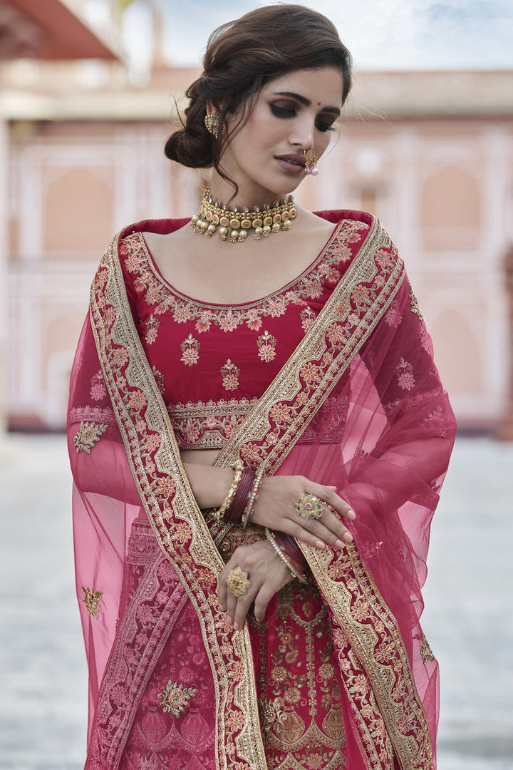 Pink Color Velvet Fabric Embroidered Wedding Wear Fancy Lehenga Choli