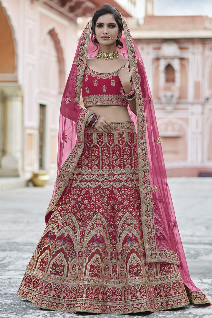 Pink Color Velvet Fabric Embroidered Wedding Wear Fancy Lehenga Choli