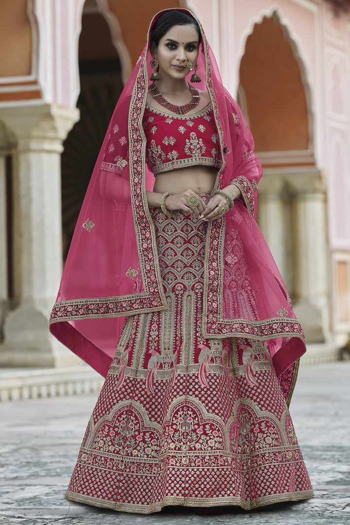 Embroidered Pink Color Wedding Wear Fancy Lehenga Choli In Velvet Fabric