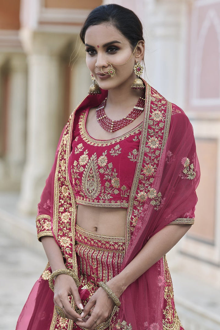 Heavy Embroidered Wedding Wear Lehenga Choli In Pink Color Velvet Fabric