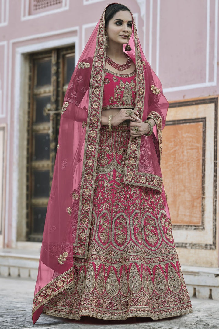 Heavy Embroidered Wedding Wear Lehenga Choli In Pink Color Velvet Fabric