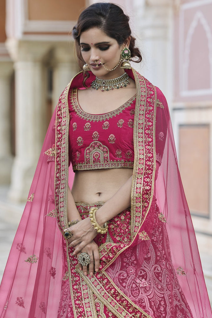 Wedding Wear Velvet Fabric Designer Embroidered Lehenga Choli In Pink Color