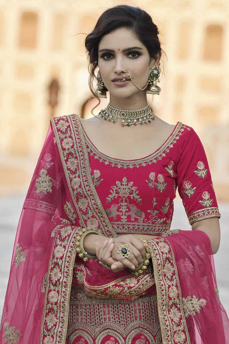 Pink Color Wedding Wear Velvet Fabric Designer Embroidered Lehenga Choli