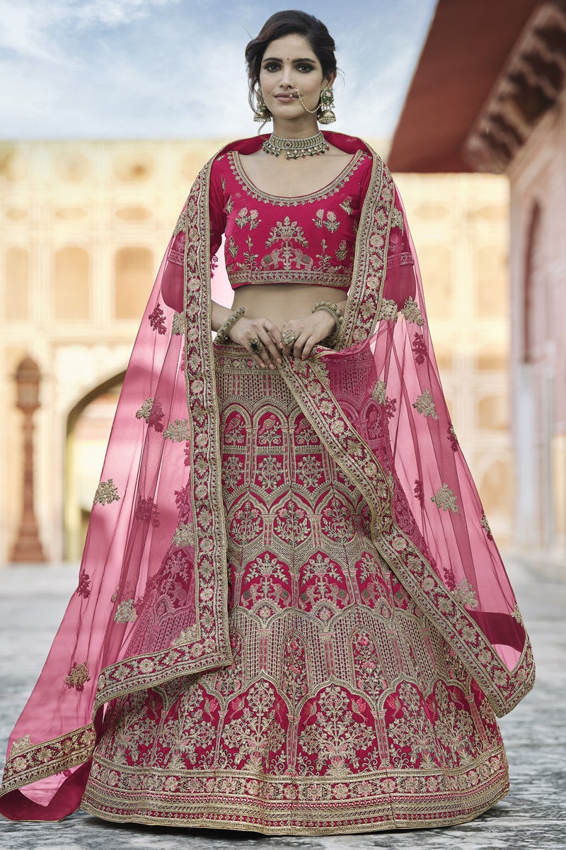 Pink Color Wedding Wear Velvet Fabric Designer Embroidered Lehenga Choli