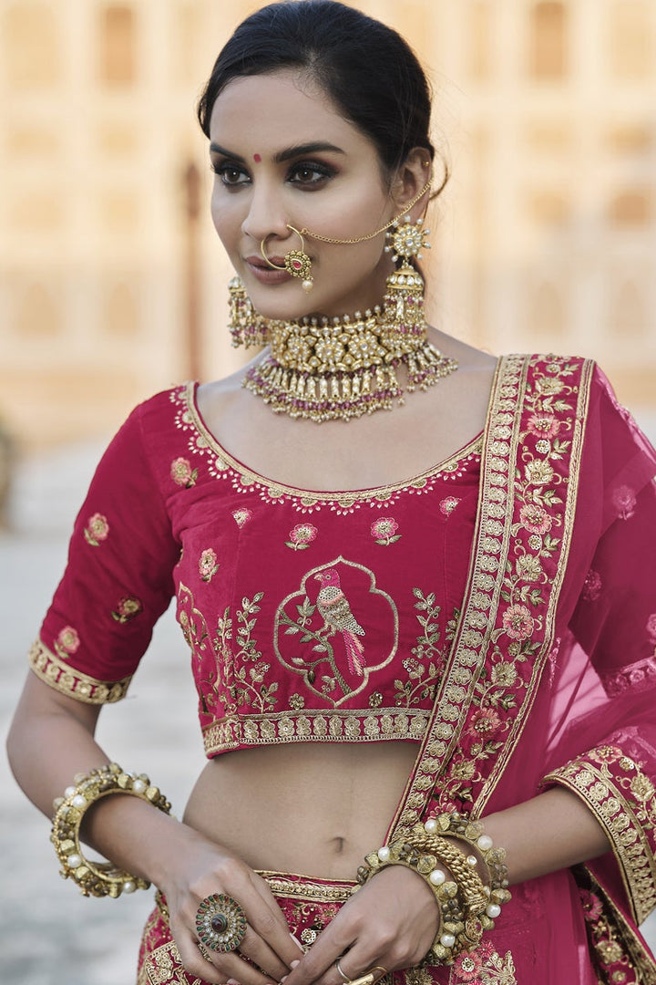 Pink Embroidered Wedding Wear Designer Lehenga Choli In Velvet Fabric