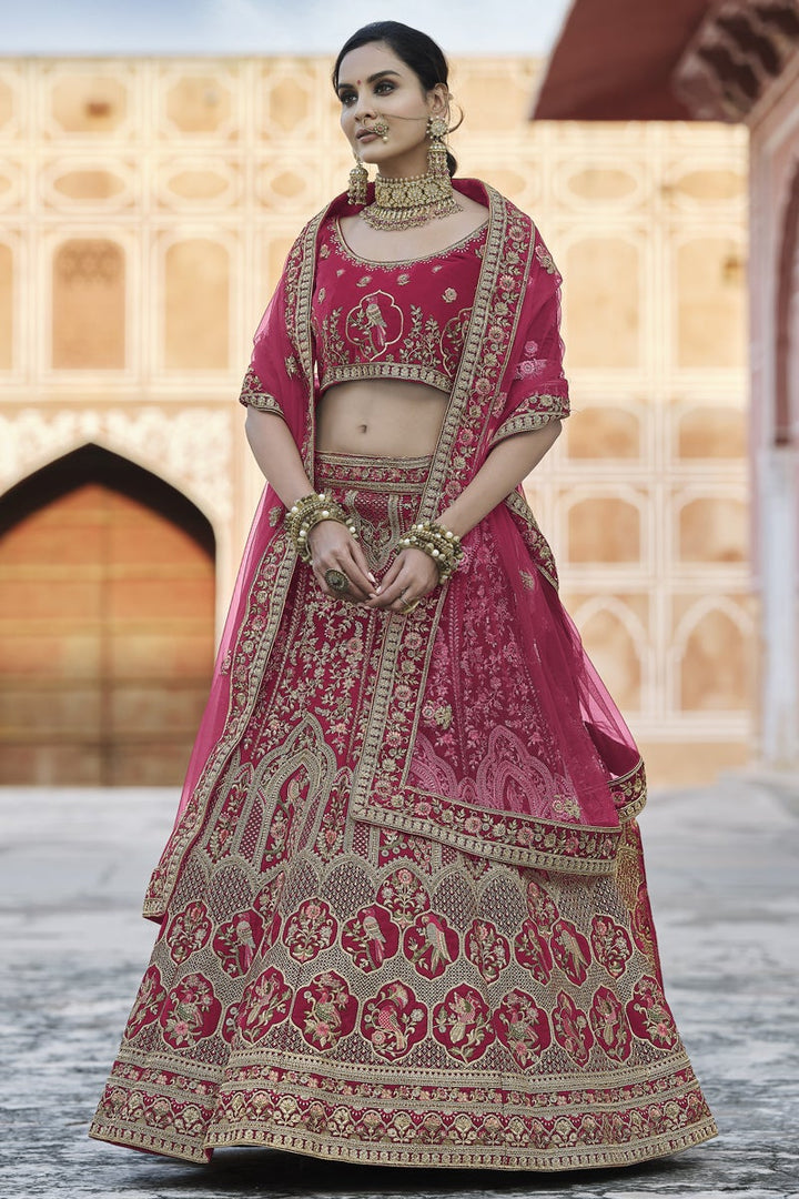 Pink Embroidered Wedding Wear Designer Lehenga Choli In Velvet Fabric