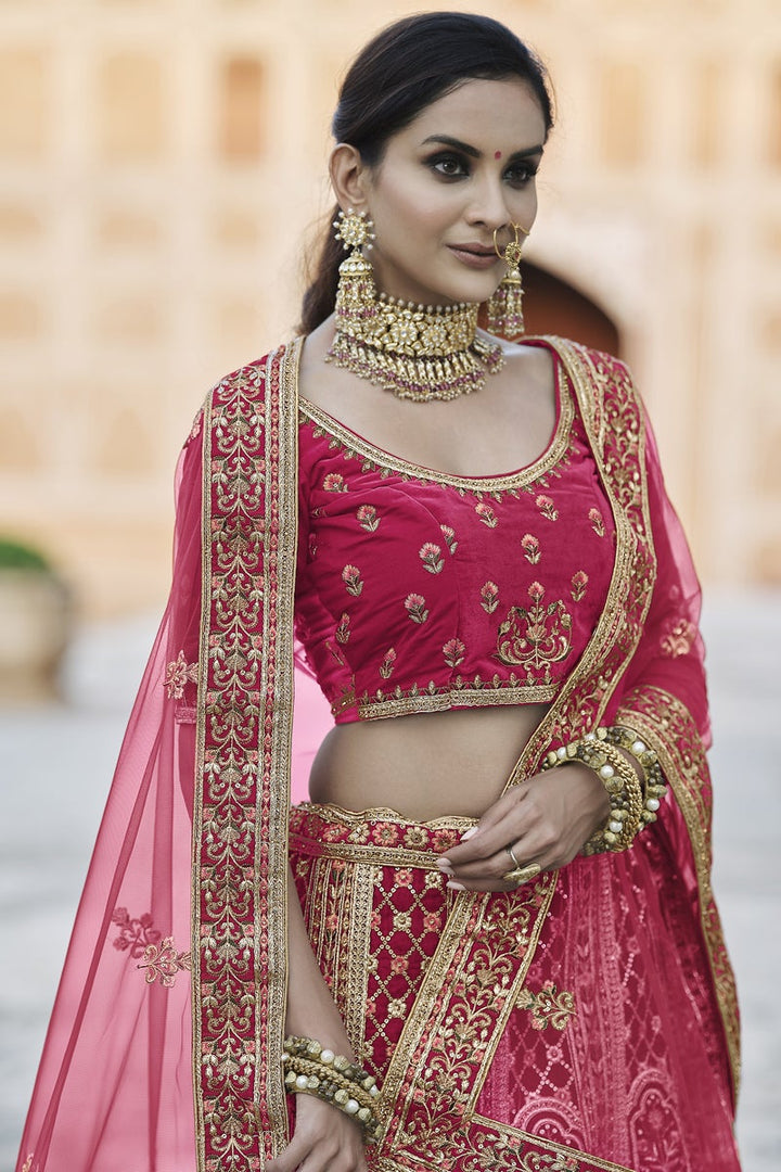 Pink Color Velvet Fabric Wedding Wear Embroidered Lehenga Choli
