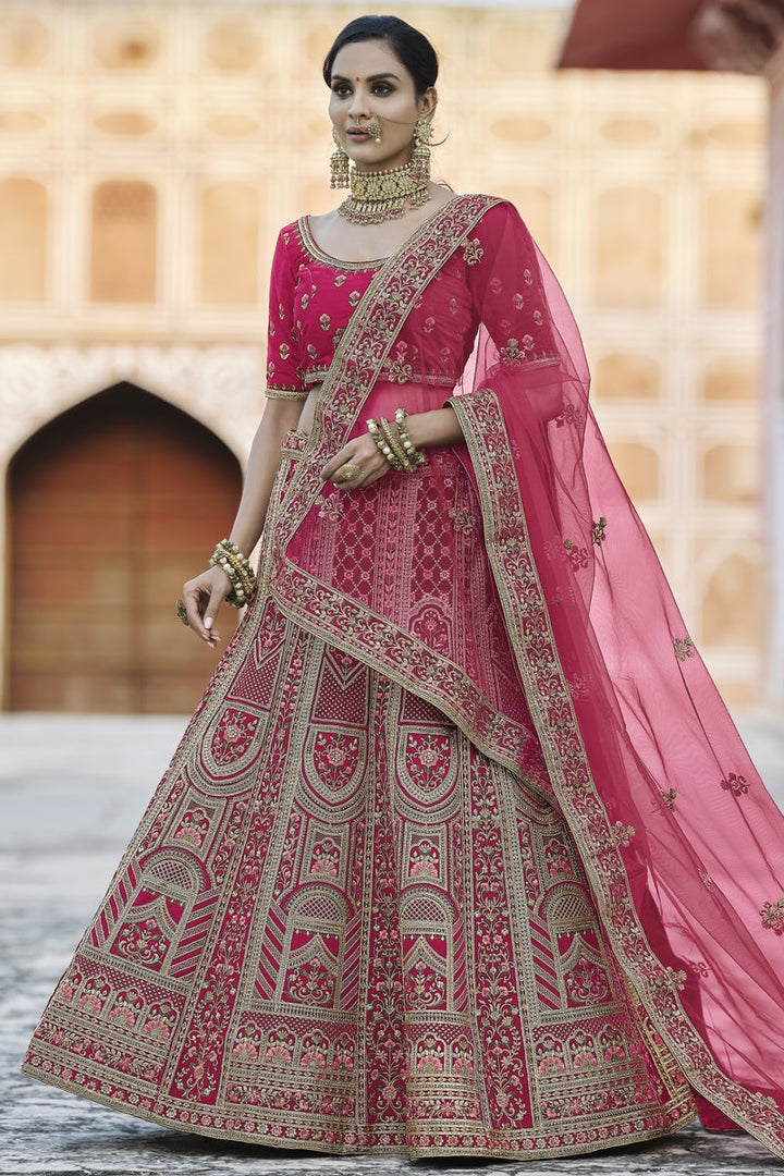 Pink Color Velvet Fabric Wedding Wear Embroidered Lehenga Choli