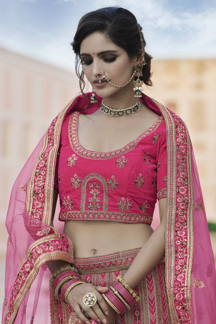 Pink Color Velvet Fabric Fancy Embroidered Wedding Wear Lehenga Choli