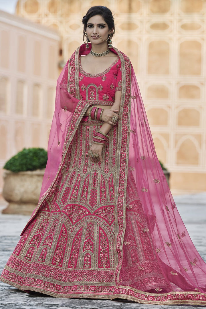 Pink Color Velvet Fabric Fancy Embroidered Wedding Wear Lehenga Choli