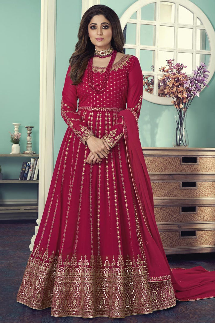 Shamita Shetty Pink Color Function Wear Embroidered Georgette Fabric Anarkali Suit