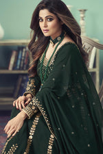 Load image into Gallery viewer, Shamita Shetty Georgette Fabric Party Wear Dark Green Color Embroidered Anarkali Suit
