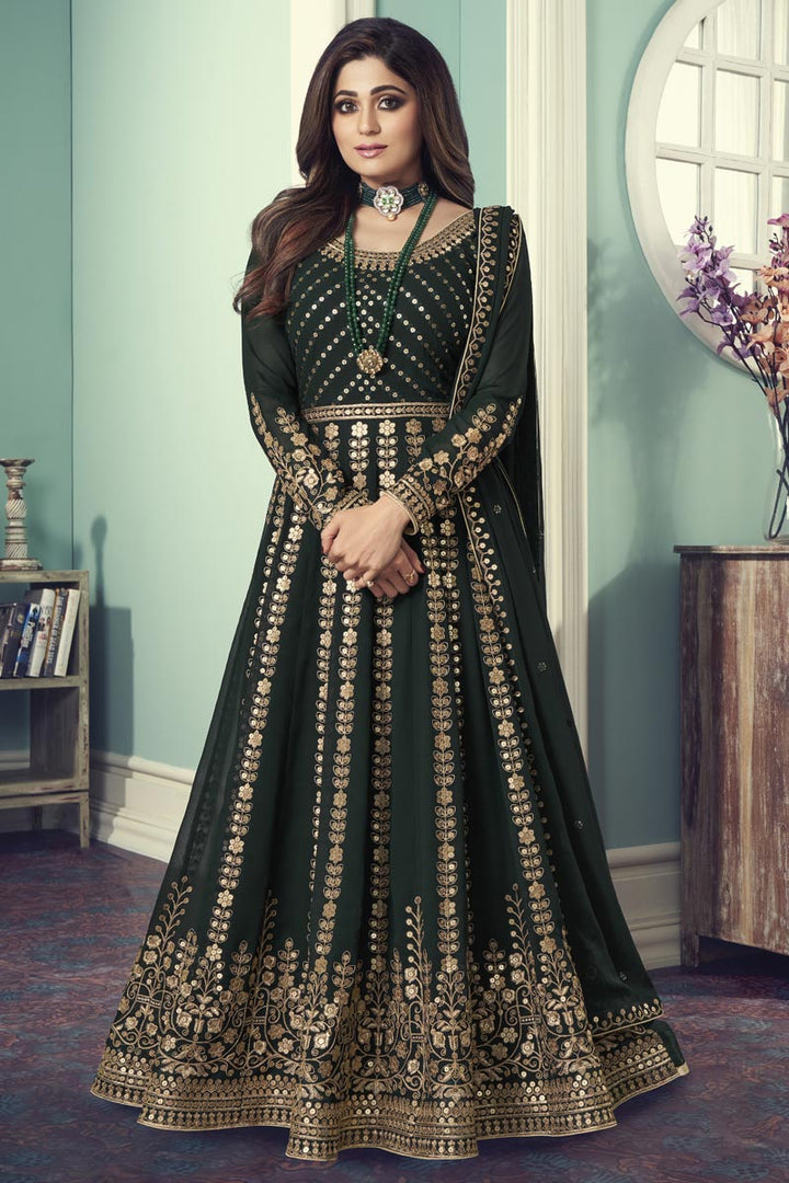 Shamita Shetty Georgette Fabric Party Wear Dark Green Color Embroidered Anarkali Suit