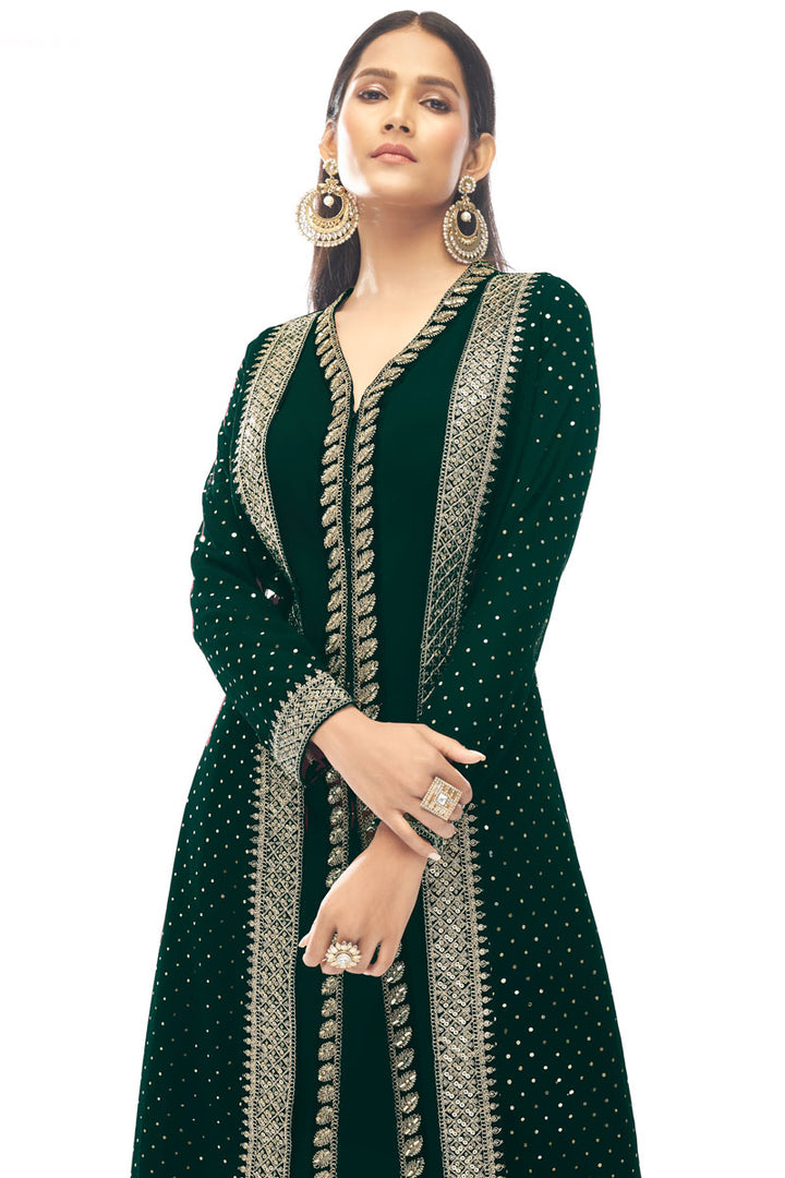 Green Color Engrossing Jacket Style Salwar Suit In Georgette Fabric