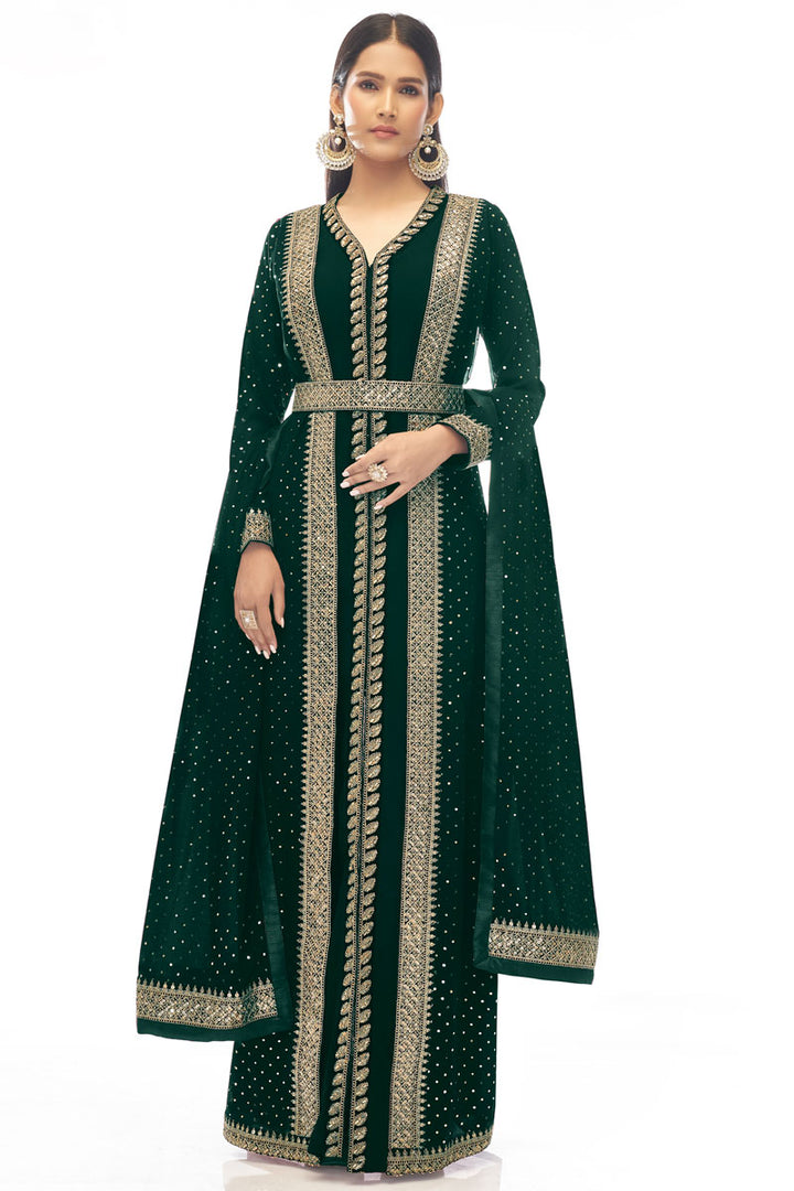 Green Color Engrossing Jacket Style Salwar Suit In Georgette Fabric