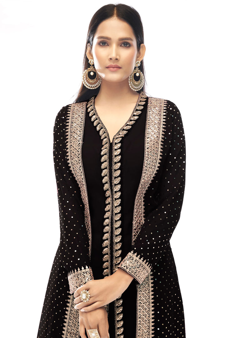 Riveting Georgette Fabric Jacket Style Salwar Suit In Black Color