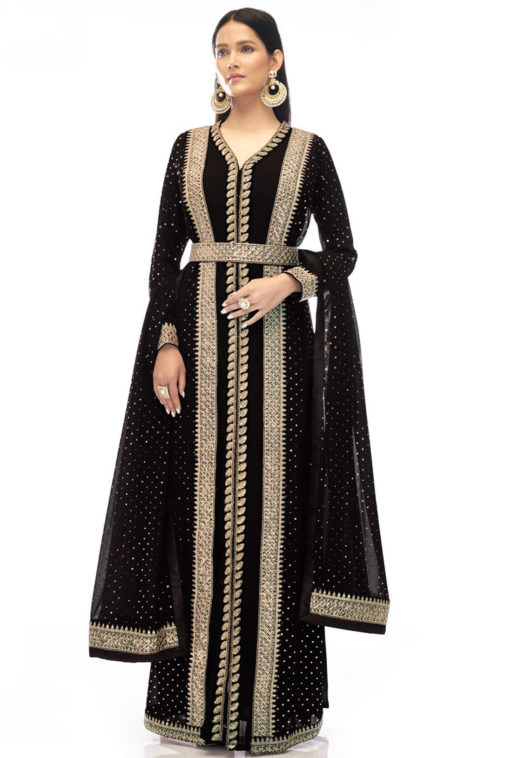 Riveting Georgette Fabric Jacket Style Salwar Suit In Black Color