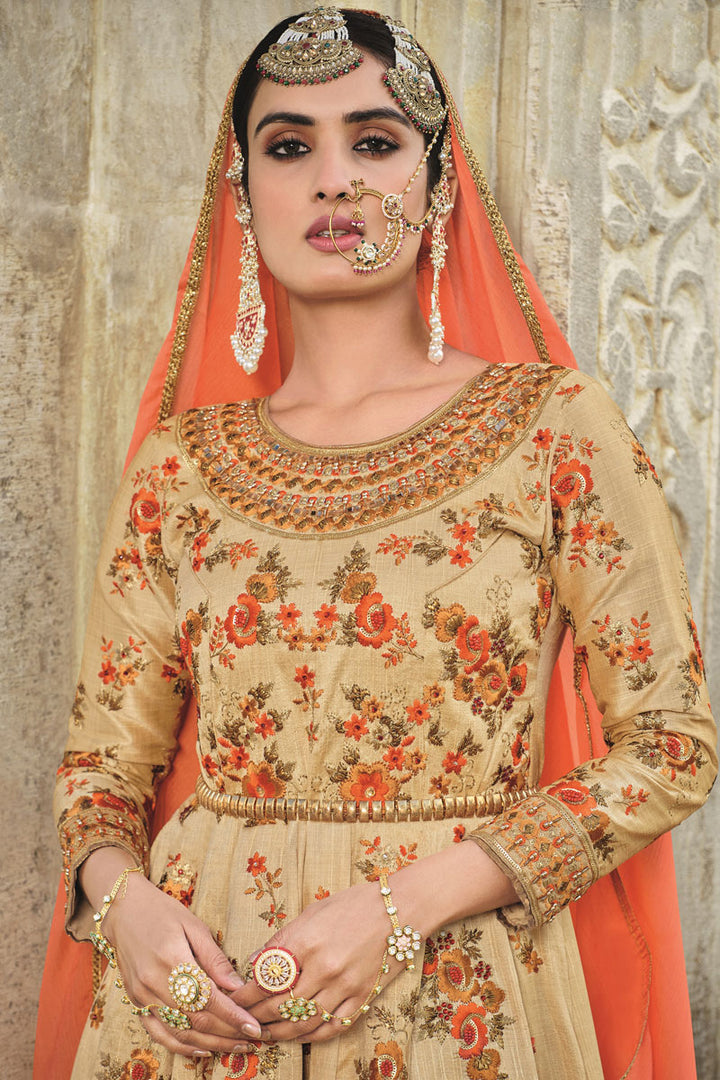 Beige Color Art Silk Fabric Function Wear Embroidered Anarkali Suit
