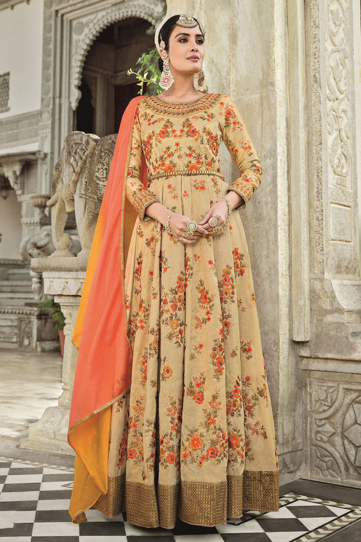 Beige Color Art Silk Fabric Function Wear Embroidered Anarkali Suit