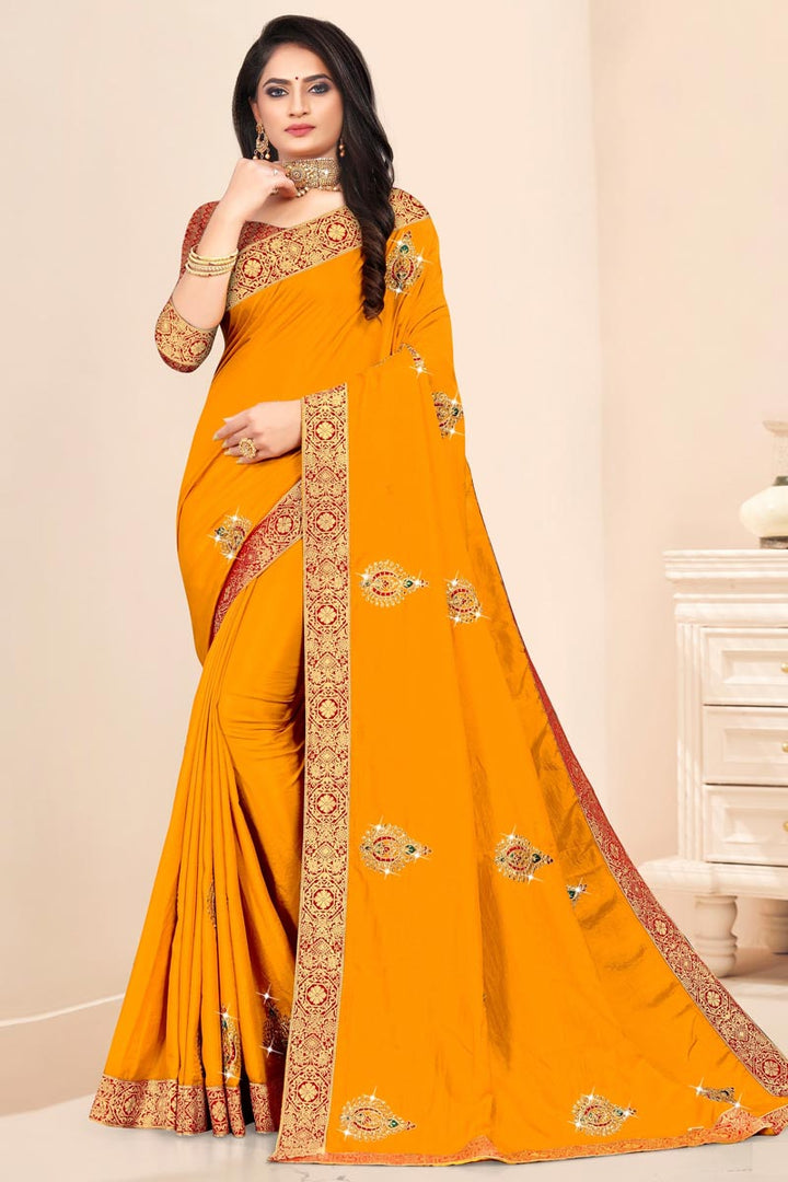 Yellow Color Art Silk Fabric Occasion Wear Lace Work Designer Saree