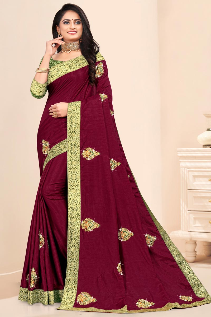 Designer Burgundy Color Art Silk Fabric Party Wear Lace Work Saree