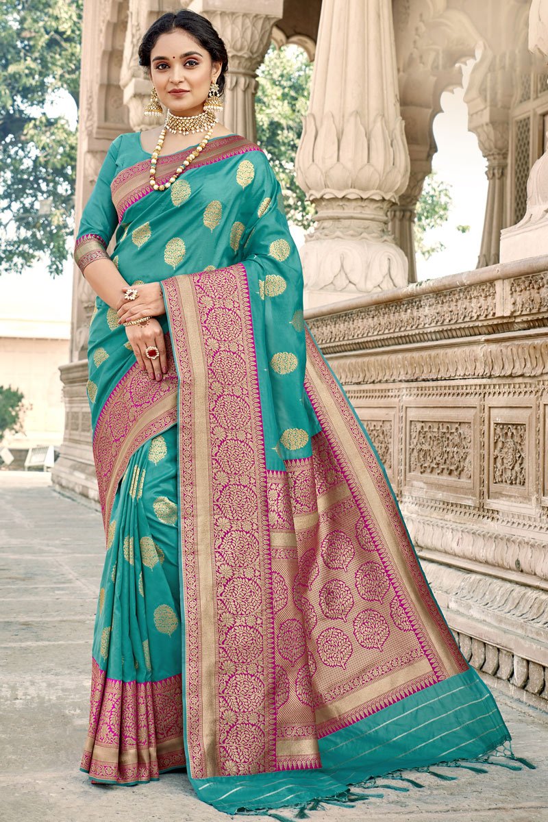 Art Silk Fabric Weaving Work Cyan Color Saree