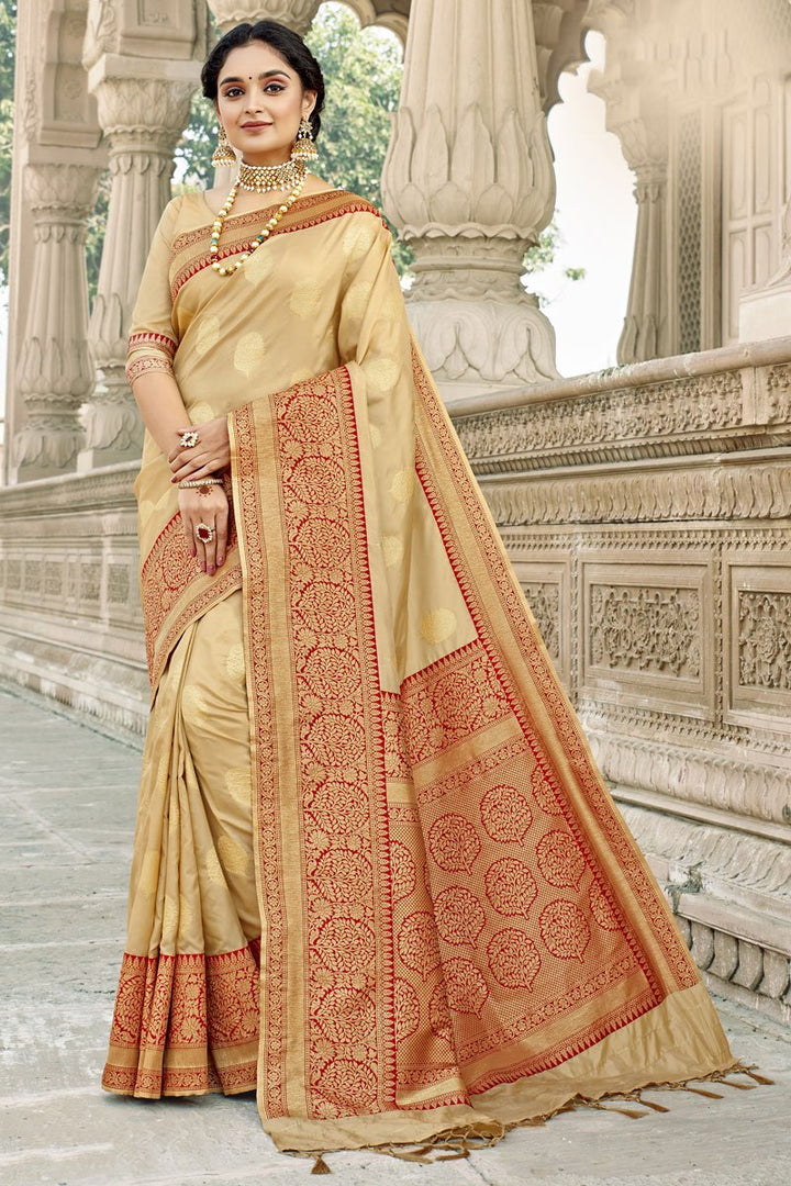 Beige Color Weaving Work Sangeet Wear Saree