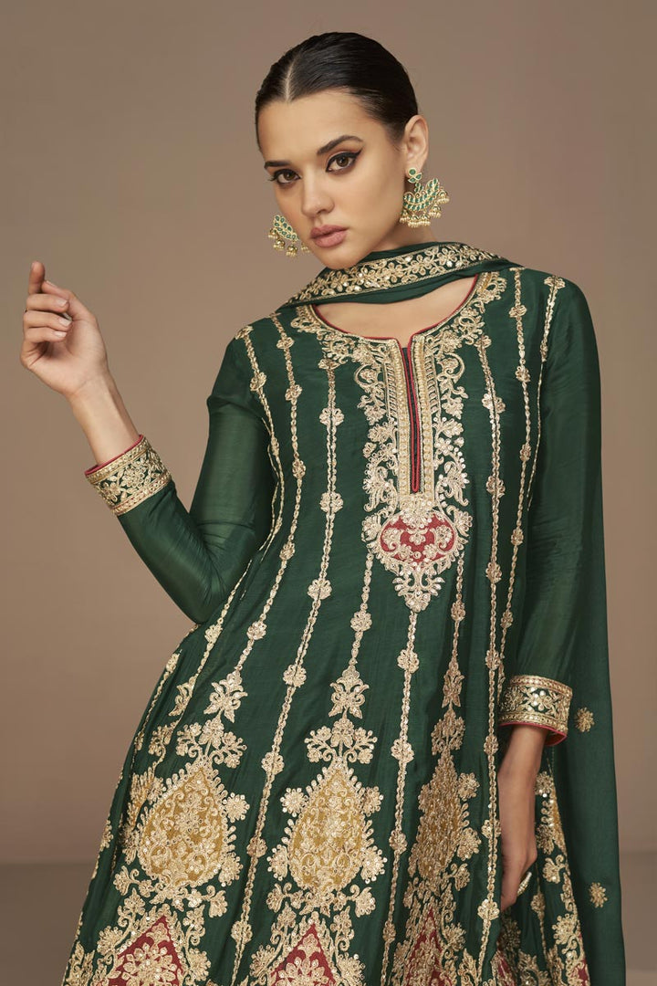 Chinon Fabric Captivating Dark Green Color Salwar Suit