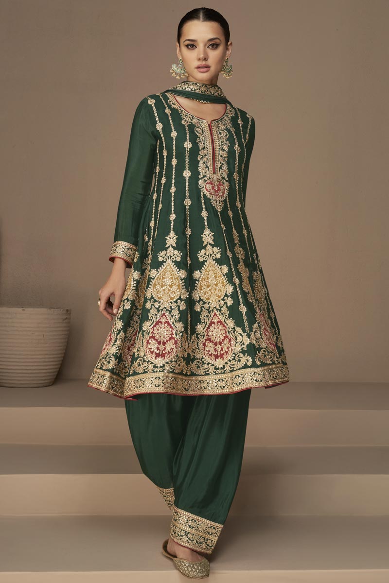 Chinon Fabric Captivating Dark Green Color Salwar Suit