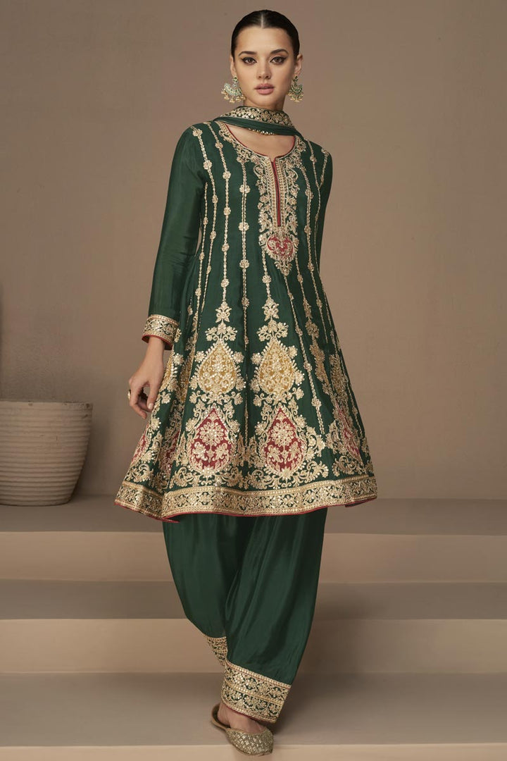 Chinon Fabric Captivating Dark Green Color Salwar Suit