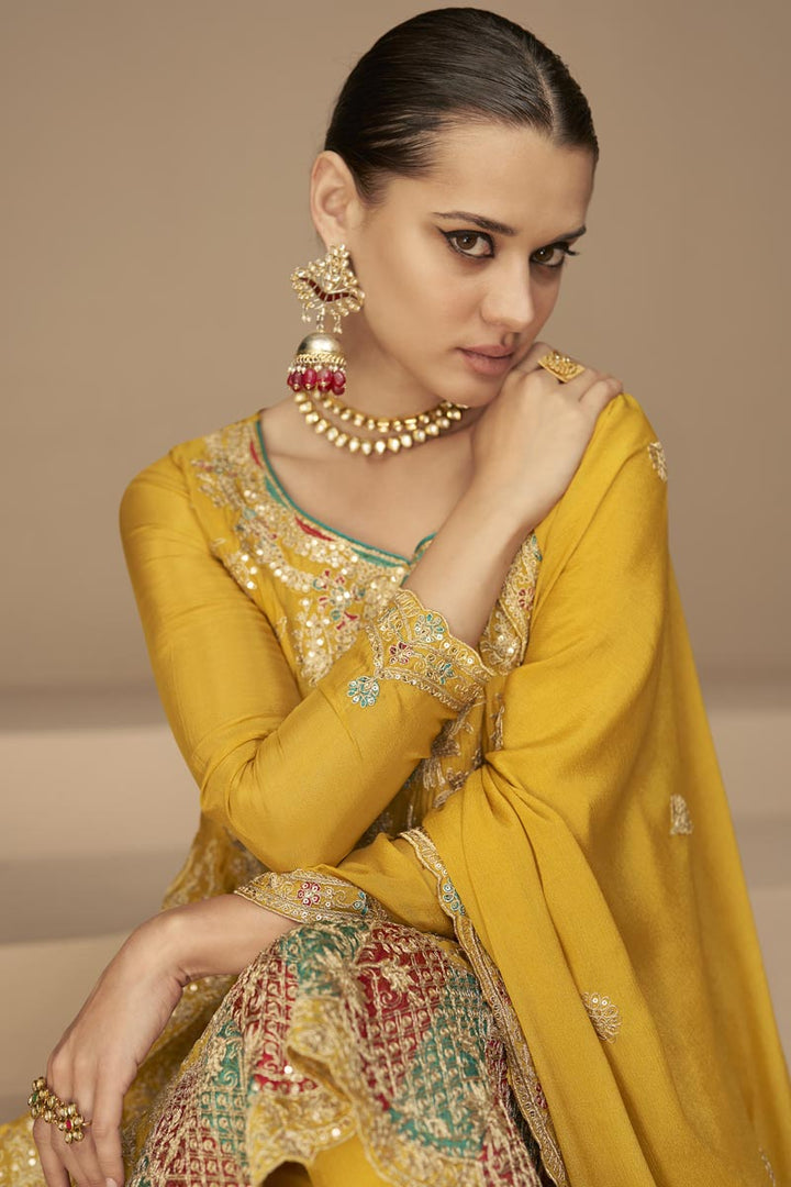 Chinon Fabric Yellow Color Gorgeous Look Salwar Suit