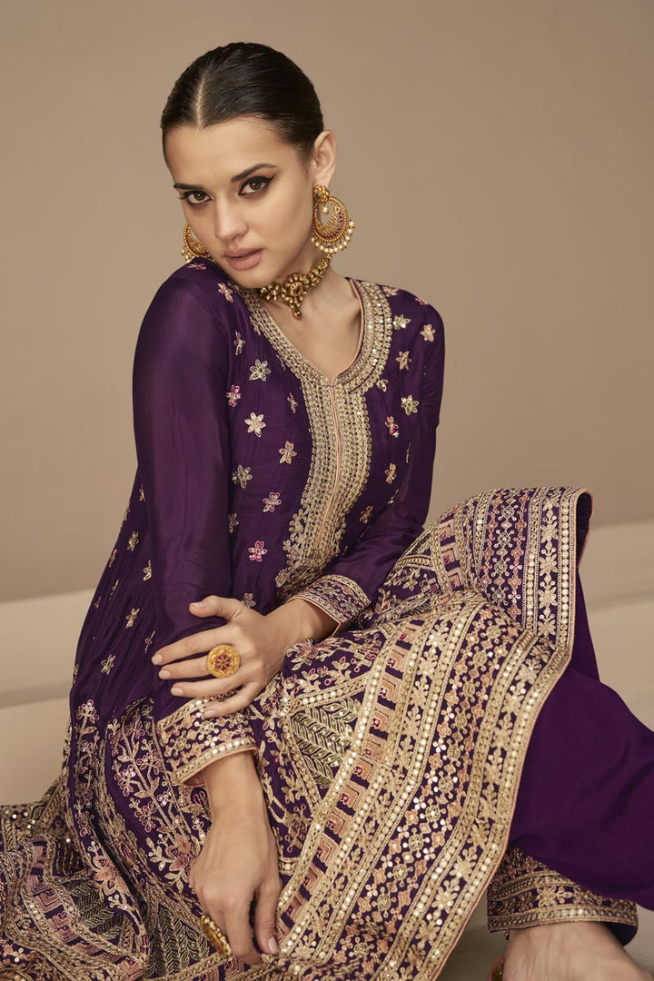 Chinon Fabric Purple Color Stylish Look Salwar Suit