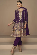 Load image into Gallery viewer, Chinon Fabric Purple Color Stylish Look Salwar Suit
