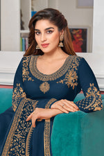 Load image into Gallery viewer, Georgette Fabric Wonderful Embroidered Salwar Suit In Teal Color
