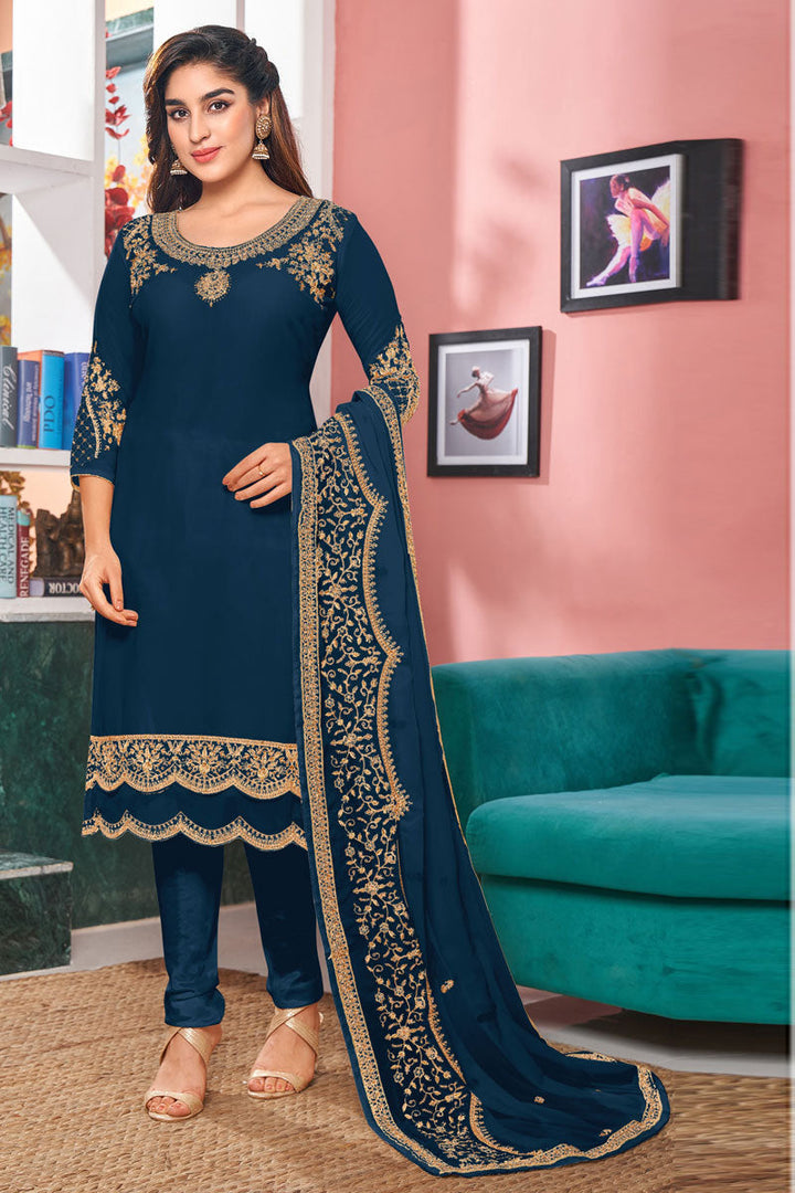 Georgette Fabric Wonderful Embroidered Salwar Suit In Teal Color