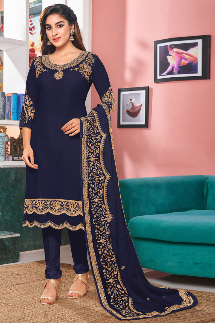 Navy Blue Color Georgette Fabric Awesome Embroidered Salwar Suit