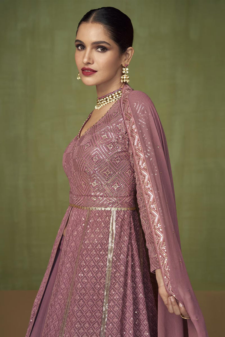 Elegant Embroidered Georgette Fabric Vartika Sing Sharara Top Lehenga In Pink Color