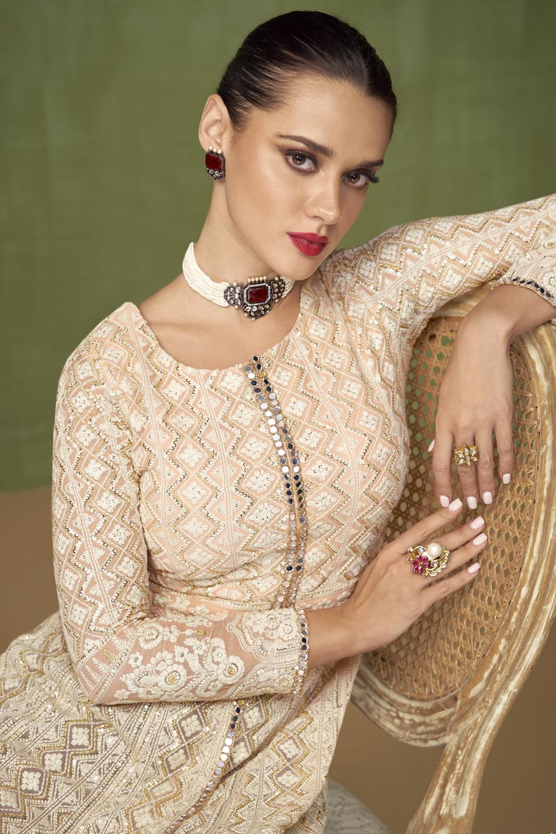 Cream Color Embroidered Aristocratic Georgette Fabric Palazzo Suit