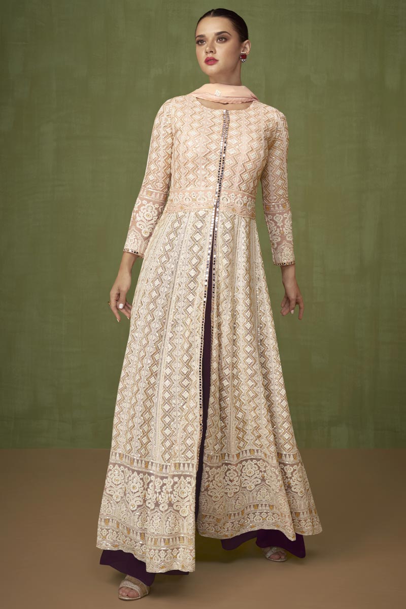 Cream Color Embroidered Aristocratic Georgette Fabric Palazzo Suit