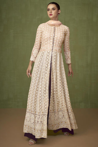 Cream Color Embroidered Aristocratic Georgette Fabric Palazzo Suit