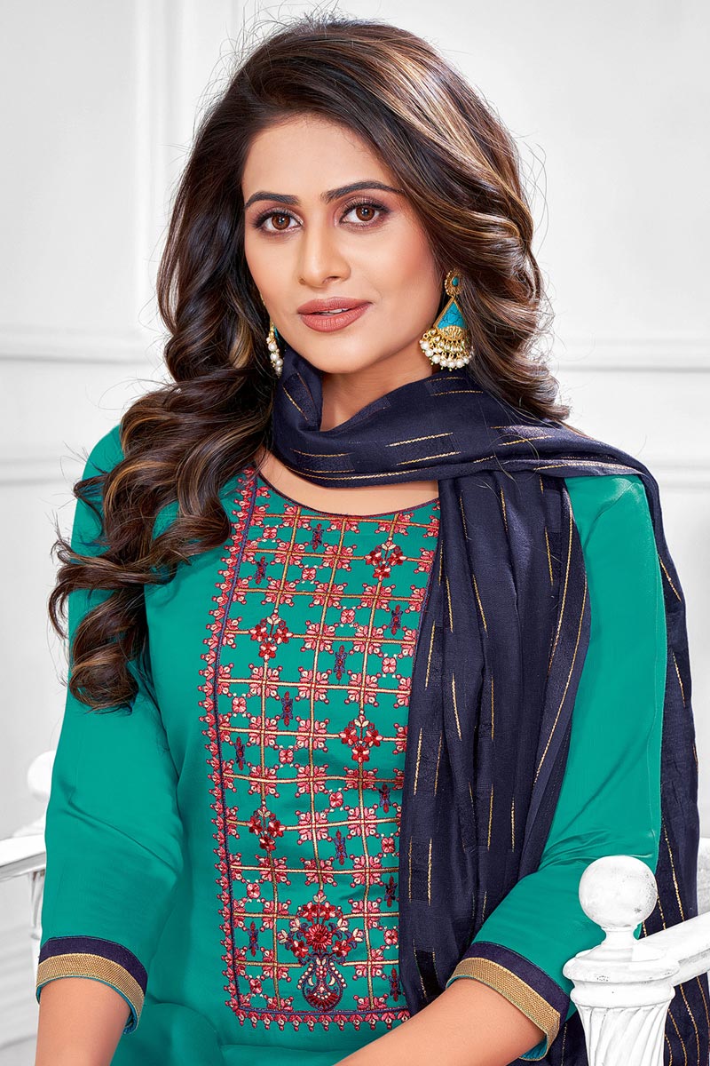 Cotton Fabric Cyan Color Embroidered Casual Wear Trendy Salwar Suit