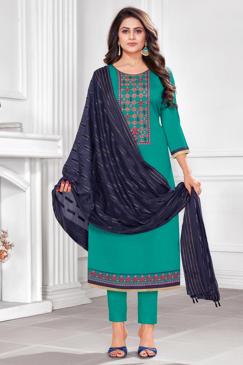 Cotton Fabric Cyan Color Embroidered Casual Wear Trendy Salwar Suit