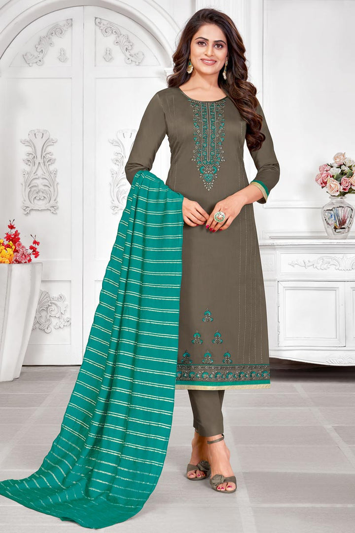 Cotton Fabric Embroidered Daily Wear Fancy Salwar Kameez In Dark Beige Color