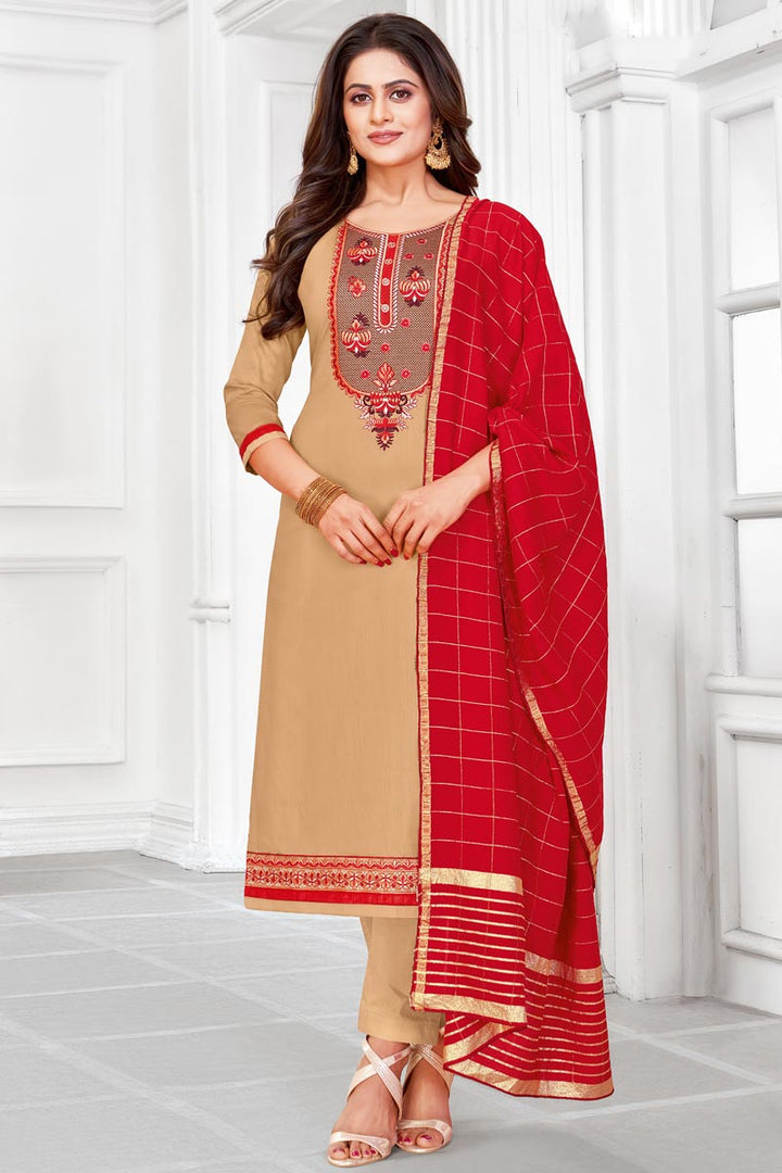 Embroidered Office Wear Salwar Kameez In Cream Color Cotton Fabric