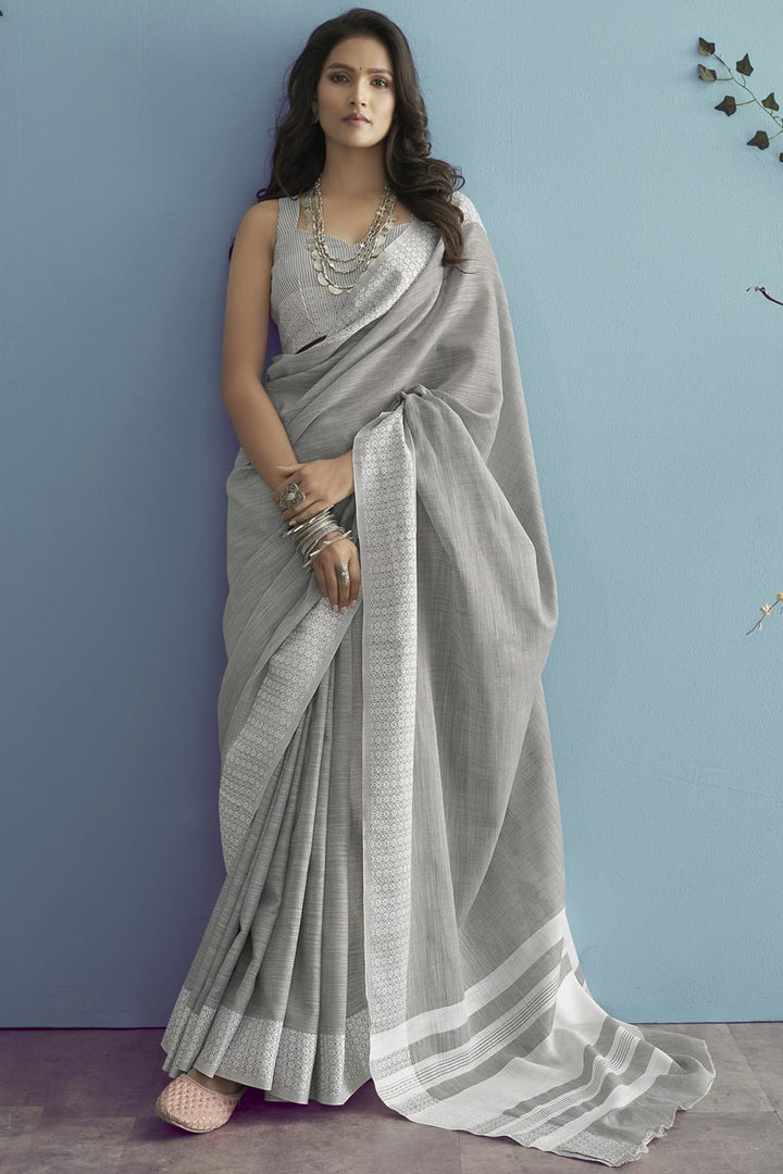 Grey Color Festive Wear Imposing Saree In Linen Fabric