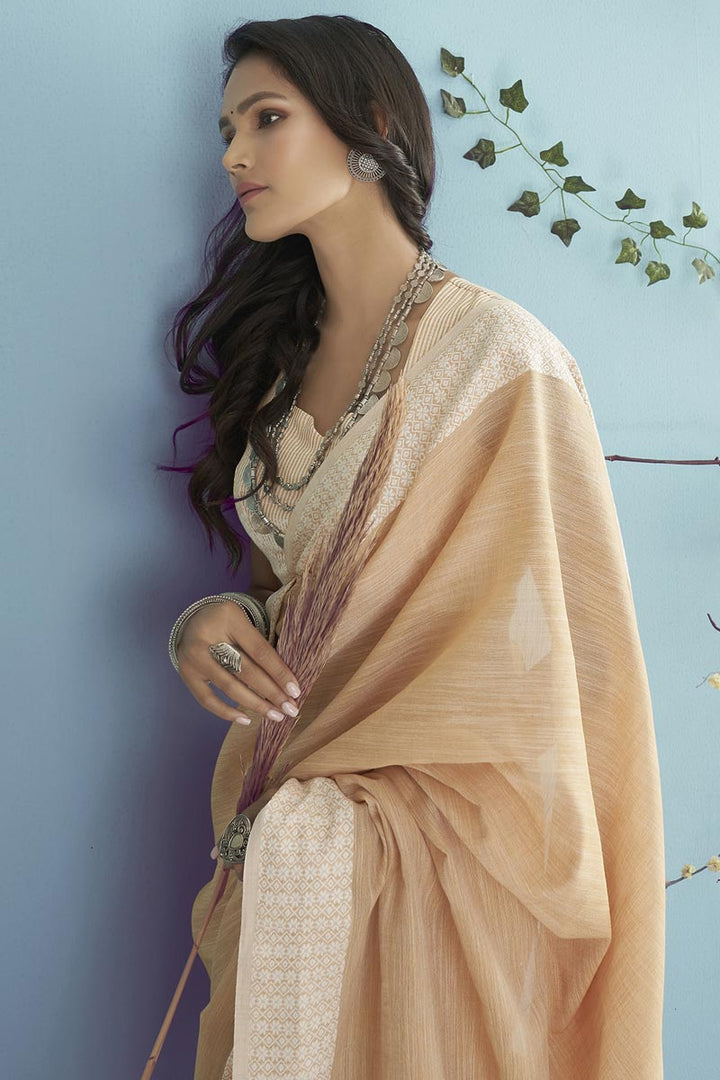 Linen Fabric Festive Wear Cream Color Attractive Saree