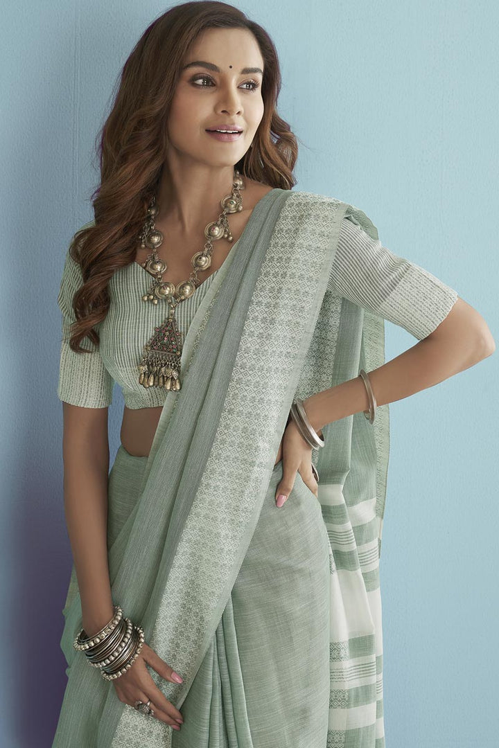 Linen Fabric Festive Wear Splendid Saree In Sea Green Color
