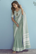 Load image into Gallery viewer, Linen Fabric Festive Wear Splendid Saree In Sea Green Color
